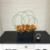 Orange orchids in a black rectangular container with green wire loops