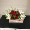Beautiful arrangement with Dozen Roses, Cymbidium Orchids and Ming Ferns in a