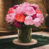 Pink and coral peonies arranged in a clear glass vase