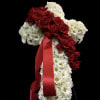 white hydrangeas 
white chrysanthemum 
explorer red roses  