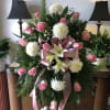  Fresh funeral spray with assorted pink and white flowers accented with