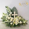 Shining light is a beautiful arrangement of white roses, lisianthus, snapdragon and