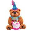 Birthday teddy bear plush with party hat holding a pink cake with candles