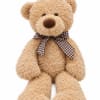 Tan teddy bear with a checkered ribbon bow