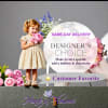 Promotional floral ad with a child holding pink flowers and a designer's choice message