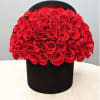 Large dome of red roses arranged in a round black hatbox-style container on a light table.