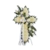 White floral standing cross with roses and ribbon