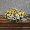 Sunflower and white daisy casket spray with blue accents