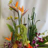 Tropical flower arrangement with orange bird-of-paradise and purple orchids
