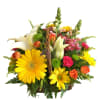 Basket arrangement with yellow daisies, white calla lilies, and mixed blooms