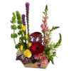 Mixed bouquet in a wooden container with red gerbera, yellow roses, and tall snapdragons