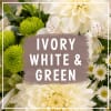 Ivory and white flowers with bright green blooms in a close-up arrangement