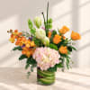 Orange roses and pink hydrangeas in a glass vase