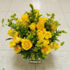 Yellow roses arranged in a clear square vase with green filler flowers
