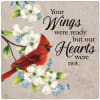 Decorative sign with a red cardinal and white flowers around a sympathy quote