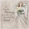 Sympathy plaque with an angel holding white calla lilies and memorial text