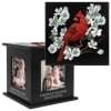 Black memorial keepsake box with a cardinal and white blossoms on the lid