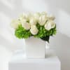 White roses arranged in a textured white vase with bright green hydrangea clusters