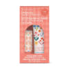 Lip balm and hand lotion set in a coral box with floral patterns