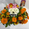 Colorful floral arrangement shaped like a skull with a small decorative card