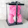 Pink rose teddy bear in a clear gift box with a black ribbon
