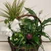 Basket arrangement with white flowers, green plants, and a large white bow