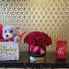 Birthday gift box with teddy bear, roses, and chocolates