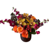Orange roses and yellow orchids in a dark vase with magenta flowers