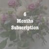 Pastel bouquet of pink roses and white dahlias in a glass vase with six months subscription text overlay