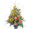 Orange roses and sunflowers in a dark vase
