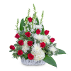Red roses and white flowers in a white basket
