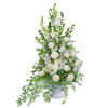 White roses and white stock in a white vase