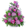 Pink roses and lavender chrysanthemums in a white basket