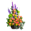 Tall arrangement of orange roses, purple spikes, and yellow flowers in a basket