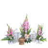 Pink floral sprays with white lanterns and a bronze urn