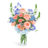Peach roses and blue flowers in a clear glass vase with butterfly picks