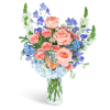 Peach roses and blue flowers in a clear glass vase with butterfly accents