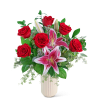 Red roses and pink lilies in a white vase