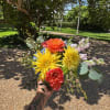 A low compact arrangement of orange, yellow, blue and pink high end