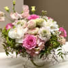 Pink and white roses arranged in a white vase