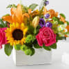 Mixed bouquet in a white square vase with roses, lilies, and a sunflower