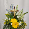Bright and colorful yet soft and peaceful describes this elegant sympathy arrangement.