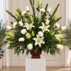 White lilies and roses arranged in a dark vase on a pedestal