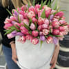 Pink and lavender tulips arranged in a white hatbox