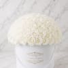 White rose dome arrangement in a round white box