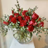 Red Roses and Tulips in a Modern Glass Vase