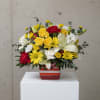 Mixed bouquet of yellow, red, and white flowers in a striped square vase