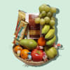 Fruit basket with grapes, bananas, pears, apples, oranges, and candy bars