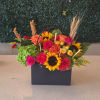 Mixed bouquet in a black gift bag with sunflowers, roses, and carnations