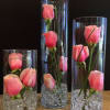 Pink roses arranged in three clear glass cylinder vases